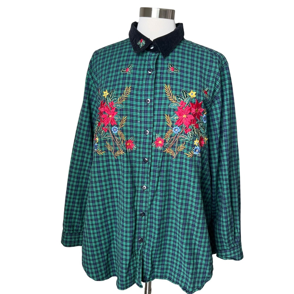 Vintage Bobbie Brooks Green Plaid Floral Embroidered Velvet Collar Shirt 18W/20W